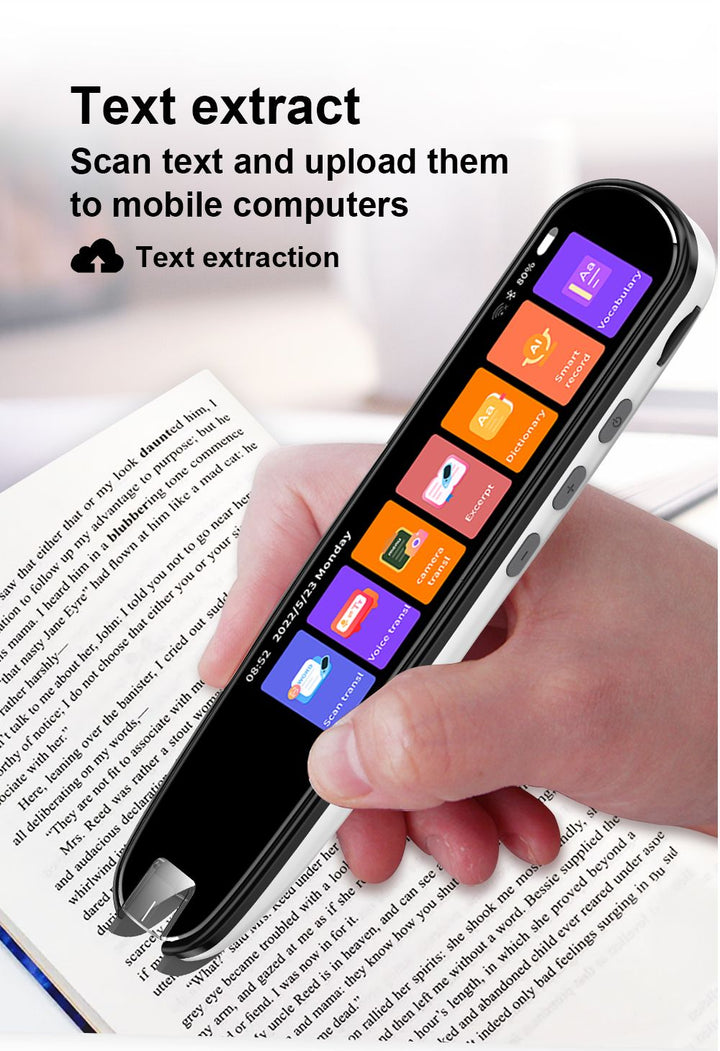 "Compact translation reading pen showing text and speech functions, supports 112 languages, ideal for students and travelers.