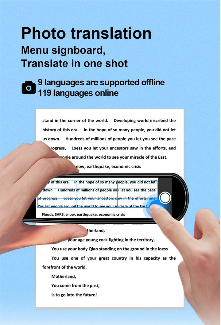 "Compact translation reading pen showing text and speech functions, supports 112 languages, ideal for students and travelers.