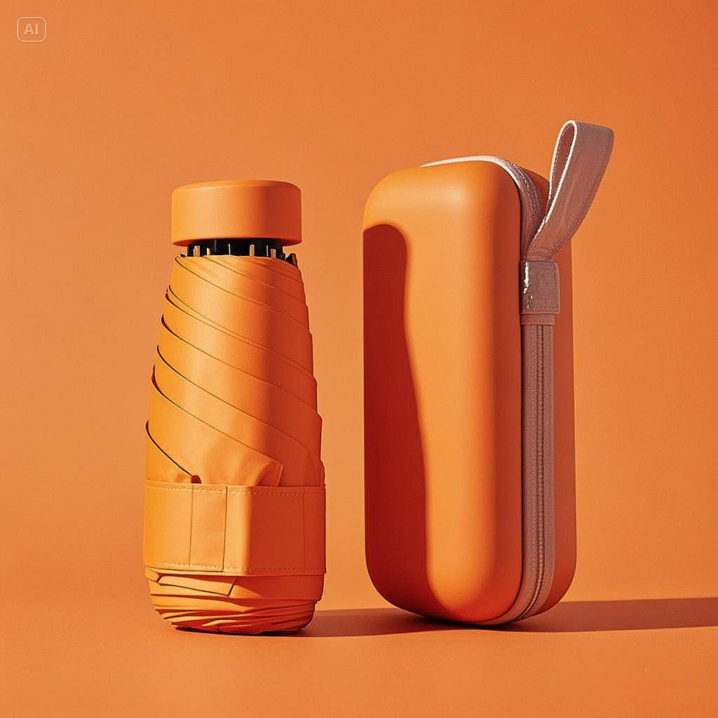 Small travel umbrella in a waterproof case, keeps wet umbrella contained, perfect for bags.