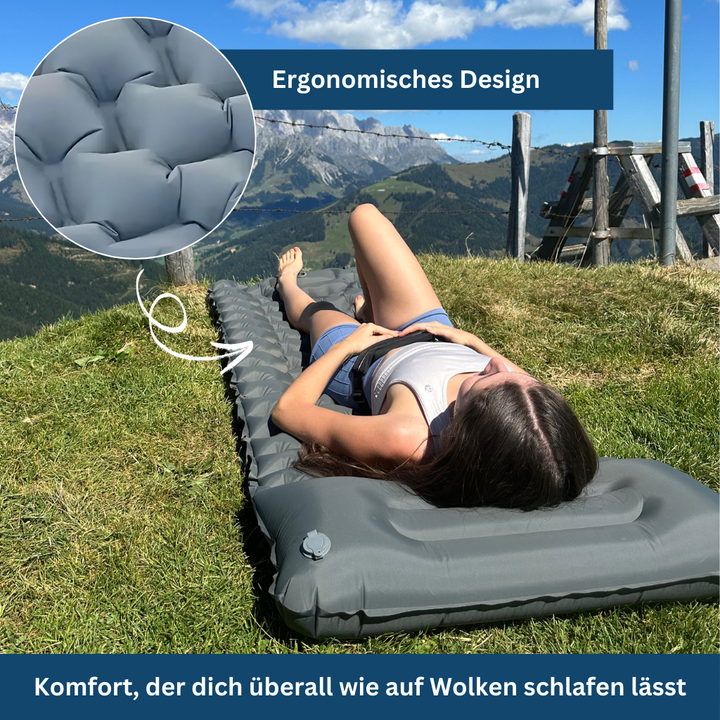 "Compact ultralight sleeping pad in Elephant Gray, perfect for camping and travel, folds small for easy packing."