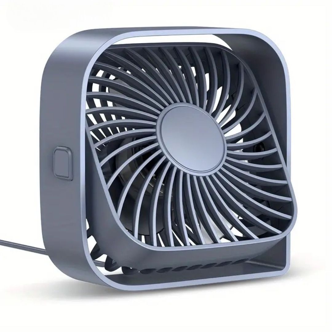 "Compact USB desk fan with 360° rotation, mini size, black frame, adjustable 3-speed settings, ideal for workspace."