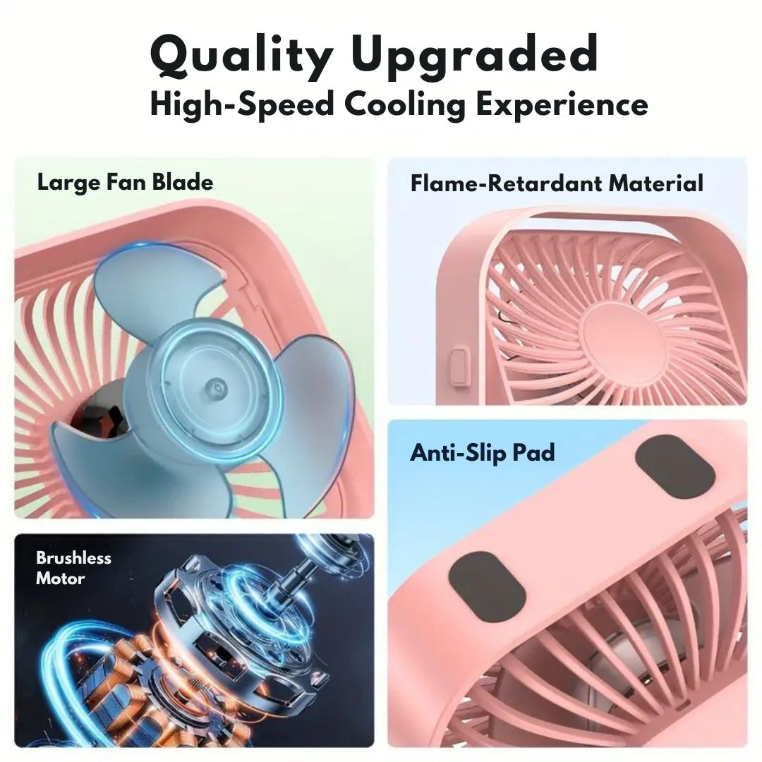 "Compact USB desk fan with 360° rotation, mini size, black frame, adjustable 3-speed settings, ideal for workspace."