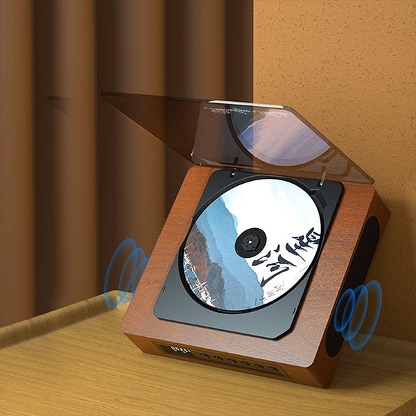 "Compact vintage-style Bluetooth CD player with retro design, FM radio, Bluetooth connectivity, and LCD display for modern us