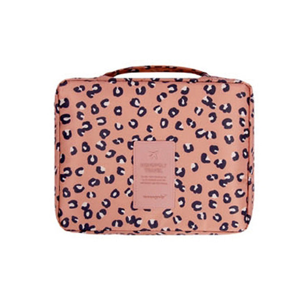 Chic leopard print women's waterproof cosmetic travel case, portable beauty storage.