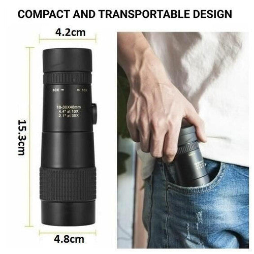 Compact waterproof monocular telescope with 10x zoom, night vision, and smartphone compatibility for outdoor adventures.