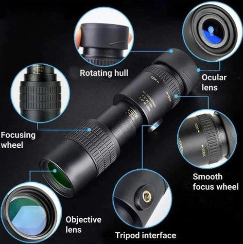 Compact waterproof monocular telescope with 10x zoom, night vision, and smartphone compatibility for outdoor adventures.