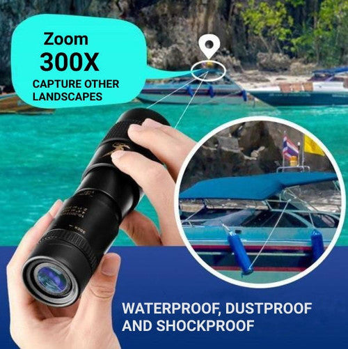 Compact waterproof monocular telescope with 10x zoom, night vision, and smartphone compatibility for outdoor adventures.