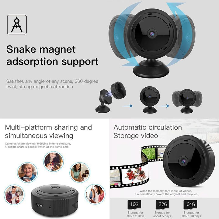 Compact WiFi Camera 1080P with night vision and motion detection, sleek design for discreet home or office surveillance.