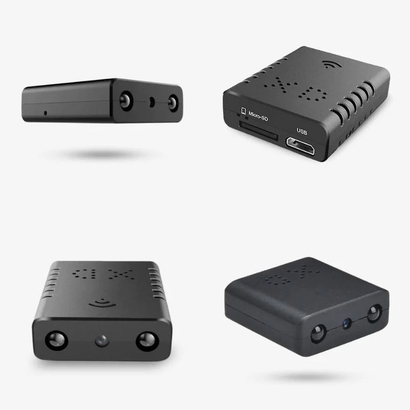 Compact Wifi Micro HD video camera with audio, coin-sized, sleek design, offers 1080p resolution and wireless connectivity.