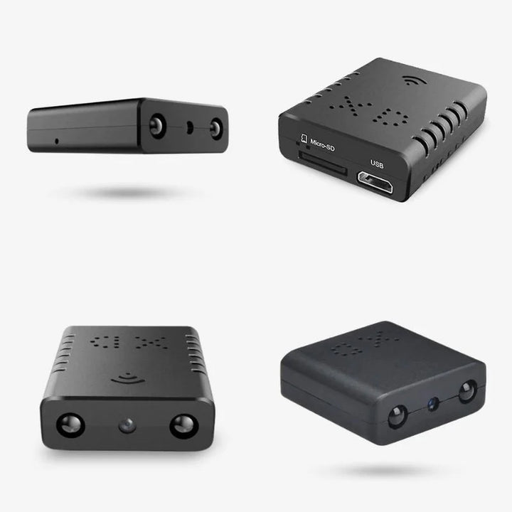 Compact Wifi Micro HD video camera with audio, coin-sized, sleek design, offers 1080p resolution and wireless connectivity.