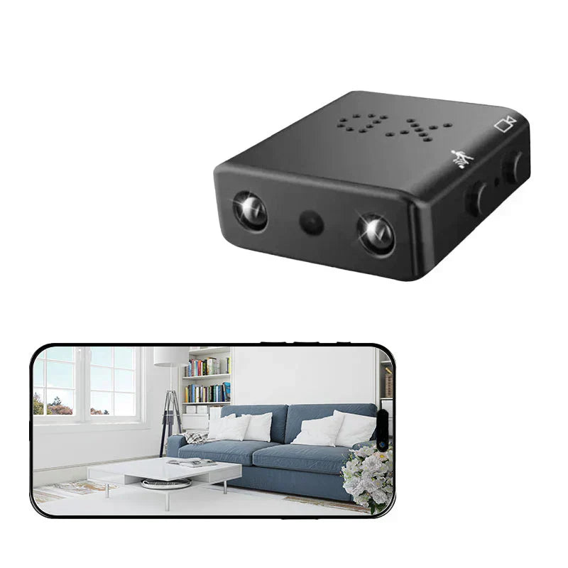 Compact Wifi Micro HD video camera with audio, coin-sized, sleek design, offers 1080p resolution and wireless connectivity.