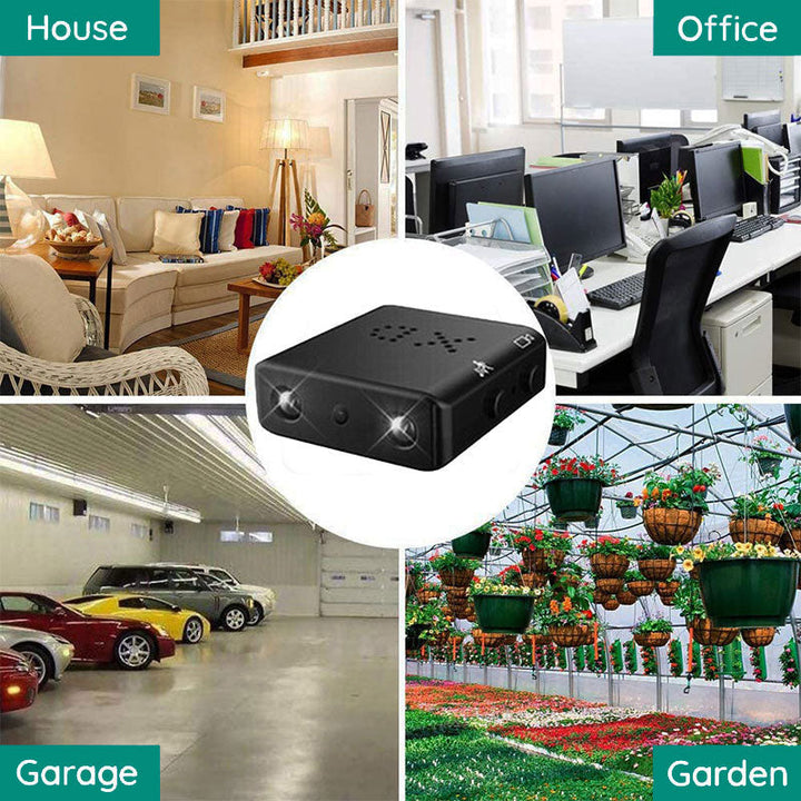 Compact Wifi Micro HD video camera with audio, coin-sized, sleek design, offers 1080p resolution and wireless connectivity.