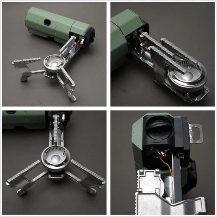 Compact windproof camping gas stove with foldable design, perfect for outdoor use; fits easily into backpacks for adventure.