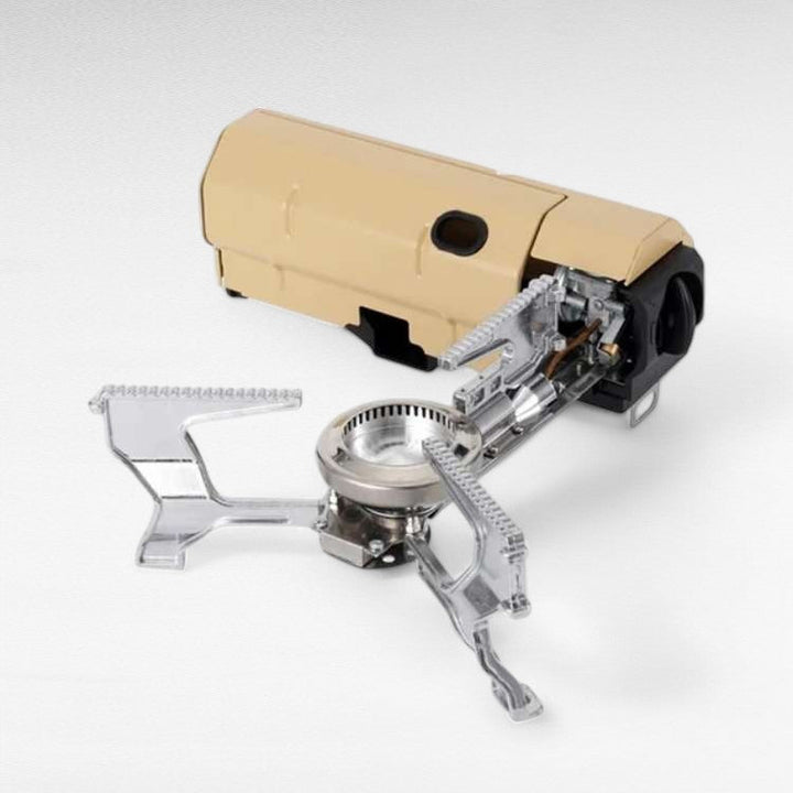 Compact windproof camping gas stove with foldable design, perfect for outdoor use; fits easily into backpacks for adventure.