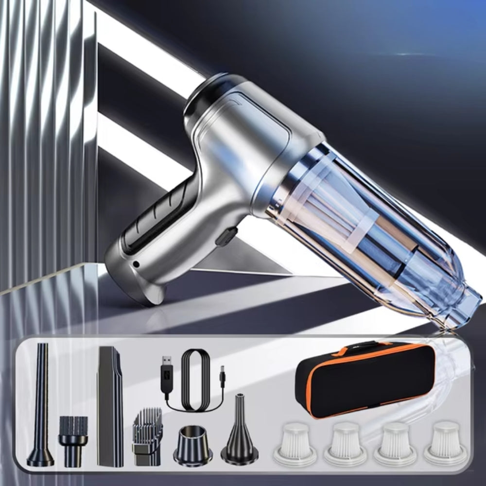 Compact wireless car vacuum cleaner with handle and nozzle for powerful, portable cleaning; sleek design, perfect for vehicle