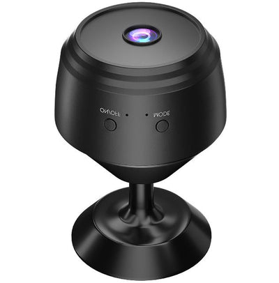 "Compact wireless HD security camera with night vision, black, compact design for discreet home or office surveillance."