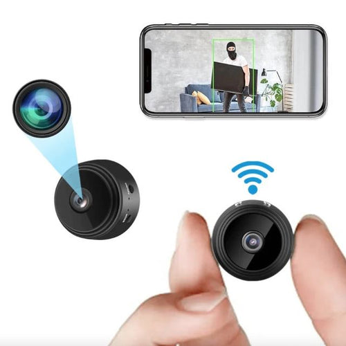 "Compact wireless HD security camera with night vision, black, compact design for discreet home or office surveillance."