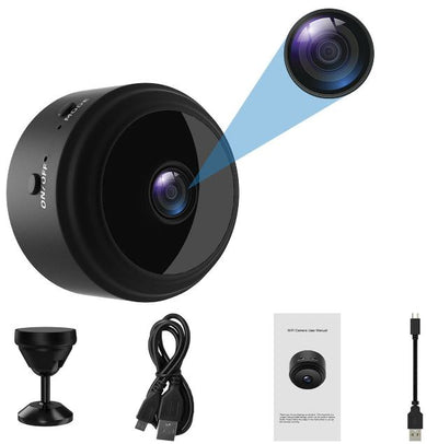 "Compact wireless HD security camera with night vision, black, compact design for discreet home or office surveillance."