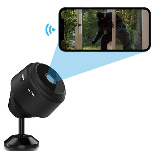 "Compact wireless HD security camera with night vision, black, compact design for discreet home or office surveillance."
