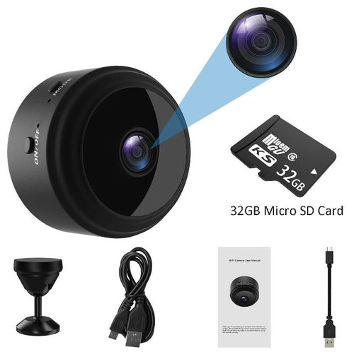 "Compact wireless HD security camera with night vision, black, compact design for discreet home or office surveillance."