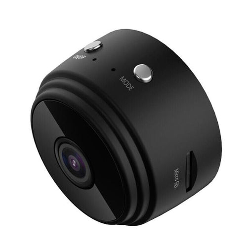 "Compact wireless HD security camera with night vision, black, compact design for discreet home or office surveillance."