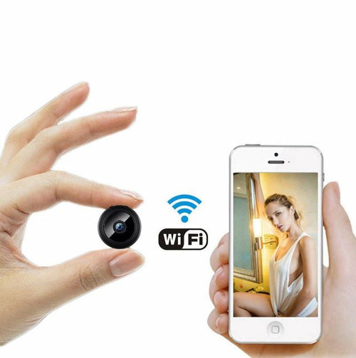 "Compact wireless HD security camera with night vision, black, compact design for discreet home or office surveillance."