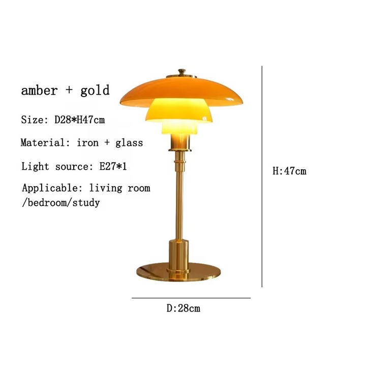 Contemporary Danish designer table lamp with warm LED light, sleek Scandinavian form, amber finish, and premium glass.
