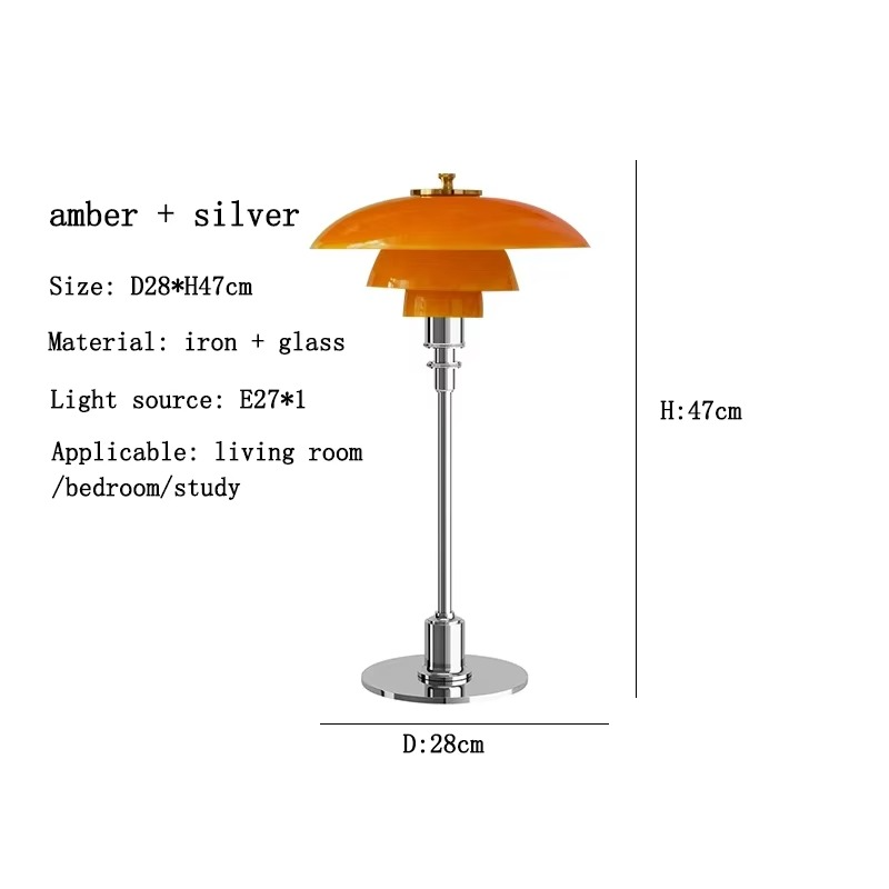Contemporary Danish designer table lamp with warm LED light, sleek Scandinavian form, amber finish, and premium glass.