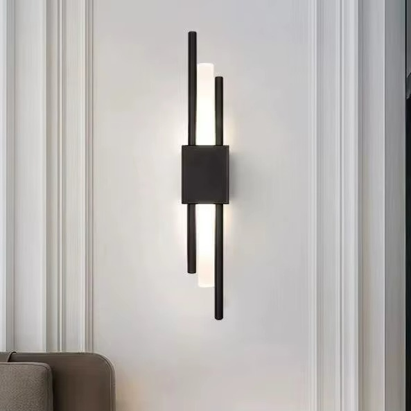 "Contemporary frosted glass wall lamp with dual lights, gold finish, featuring Italian-inspired design and soft illumination.