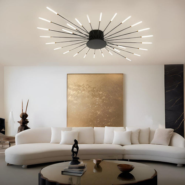 "Contemporary LED ceiling light fixture with swirling firework design, featuring metal and acrylic construction for modern de