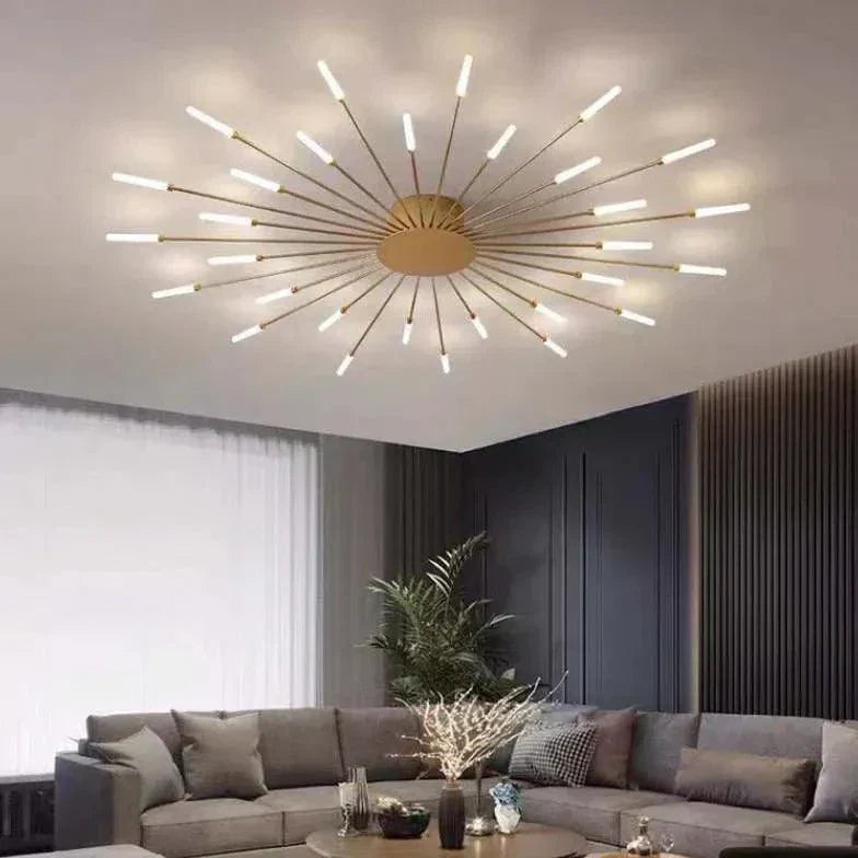 "Contemporary LED ceiling light fixture with swirling firework design, featuring metal and acrylic construction for modern de