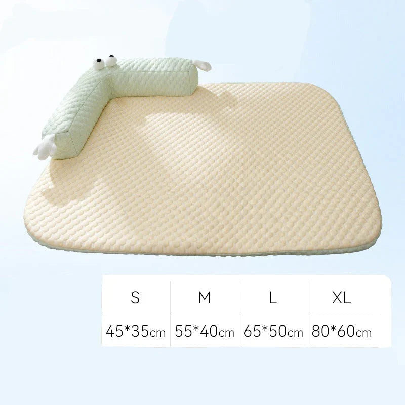 Cooling dog mat with silky surface and soft padding in beige, ideal for keeping dogs cool and comfortable during summer.