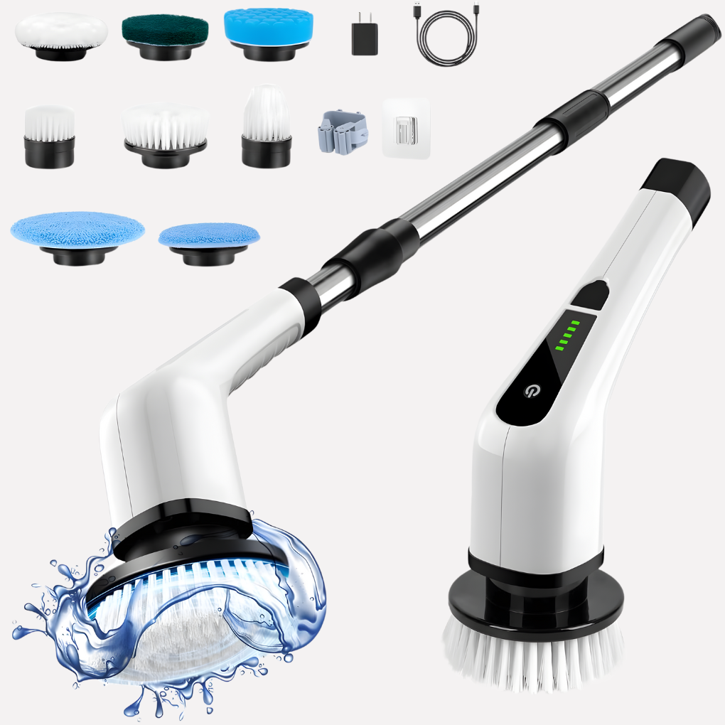 Cordless electric spin scrubber with adjustable handle for powerful home cleaning, bathroom & kitchen.