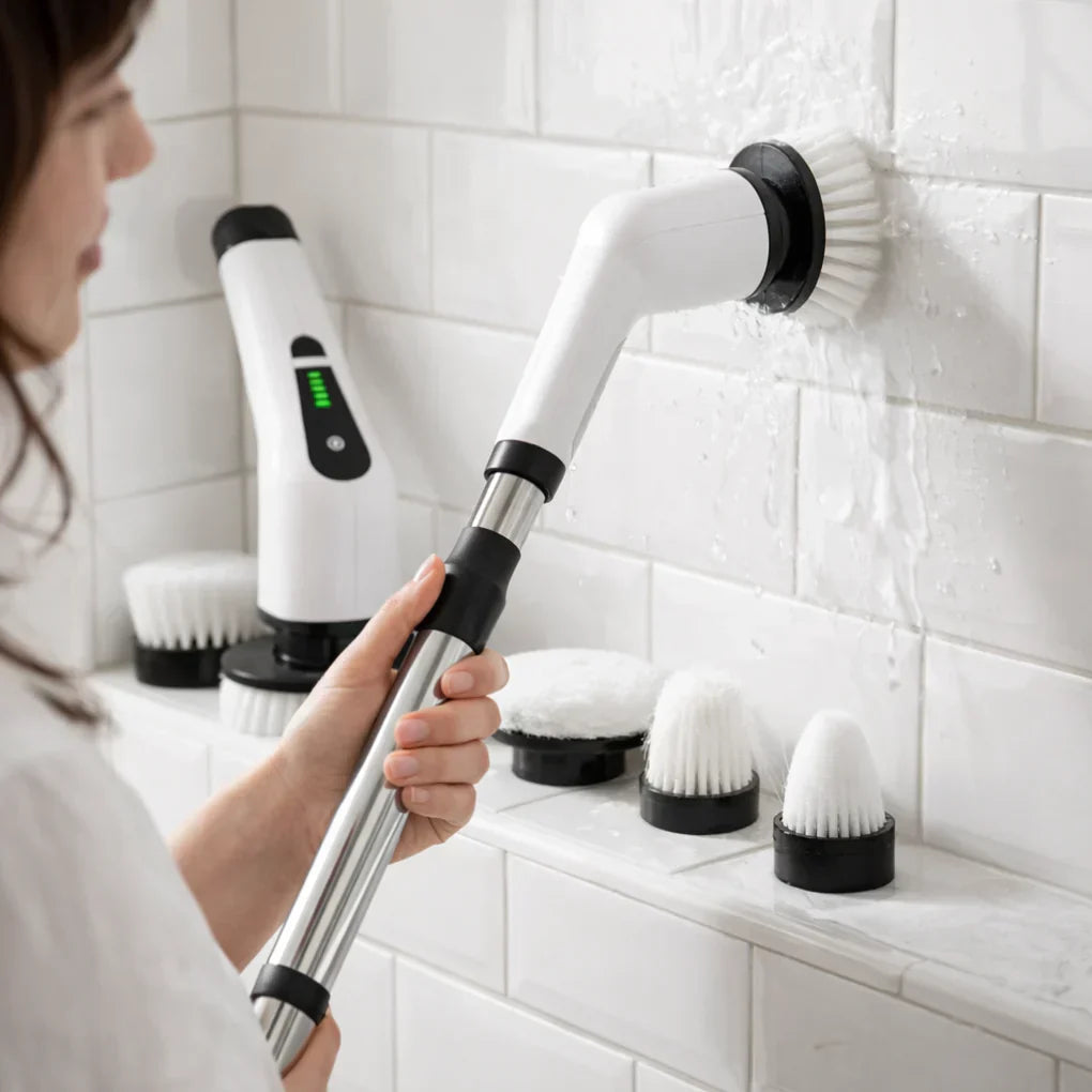 Rechargeable electric spin brush for effortless bathroom, kitchen, and car wash cleaning tasks.