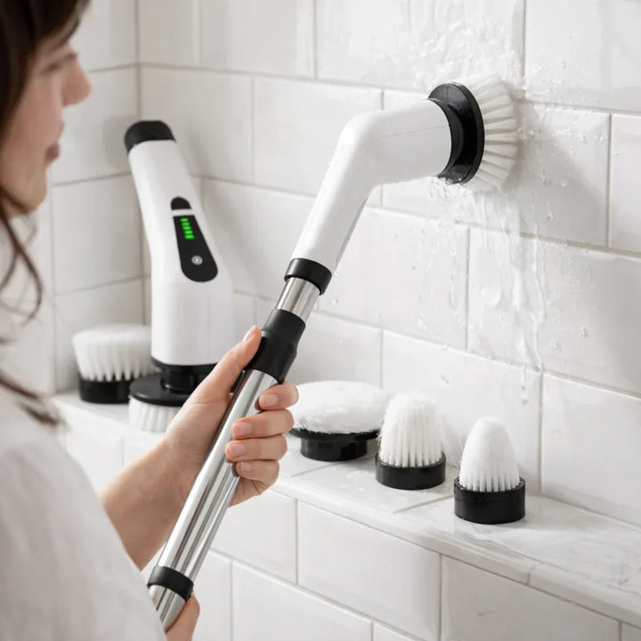 Rechargeable electric spin brush for effortless bathroom, kitchen, and car wash cleaning tasks.