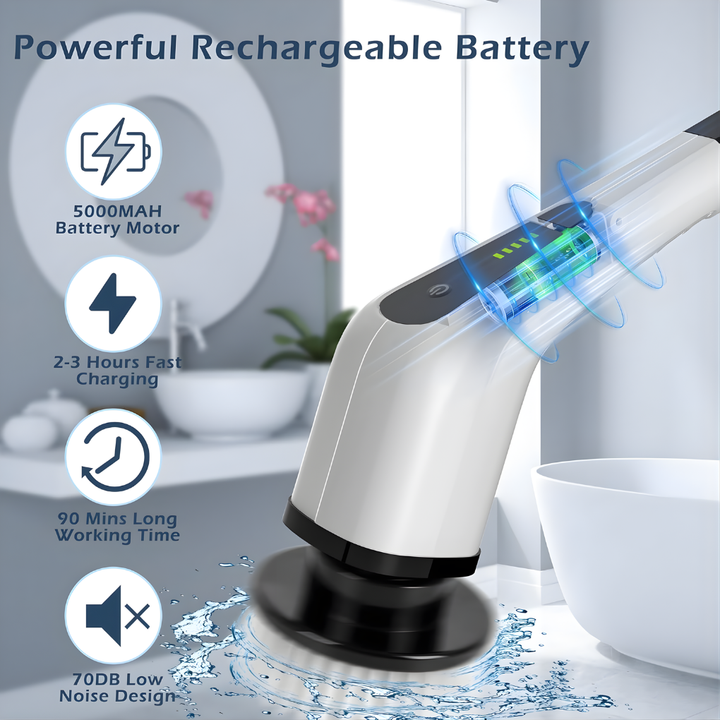 Versatile household cordless power scrubber for deep cleaning tiles, showers, and floors.