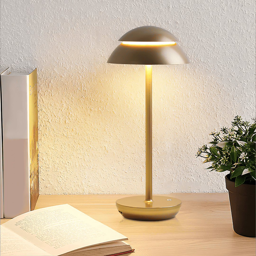 "Cordless rechargeable modern table lamp with touch dimming, minimalist design in chic finishes like Black, Gold, and Walnut.