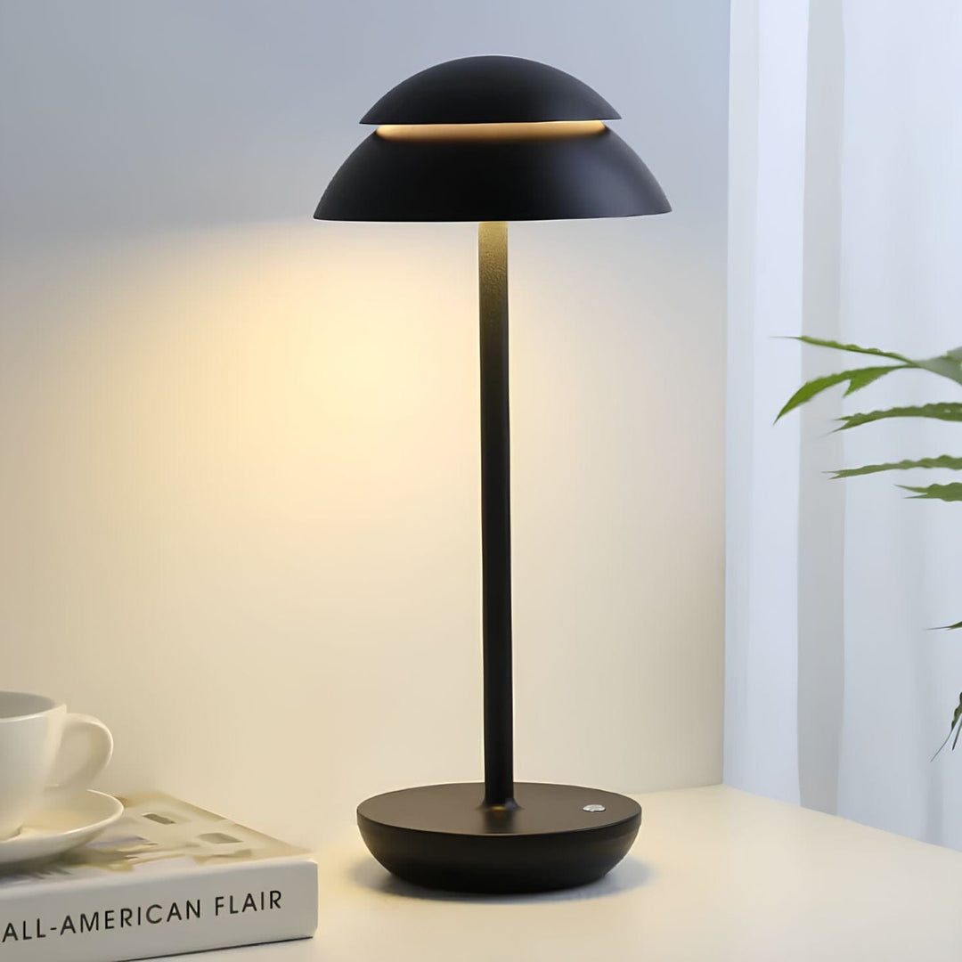 "Cordless rechargeable modern table lamp with touch dimming, minimalist design in chic finishes like Black, Gold, and Walnut.
