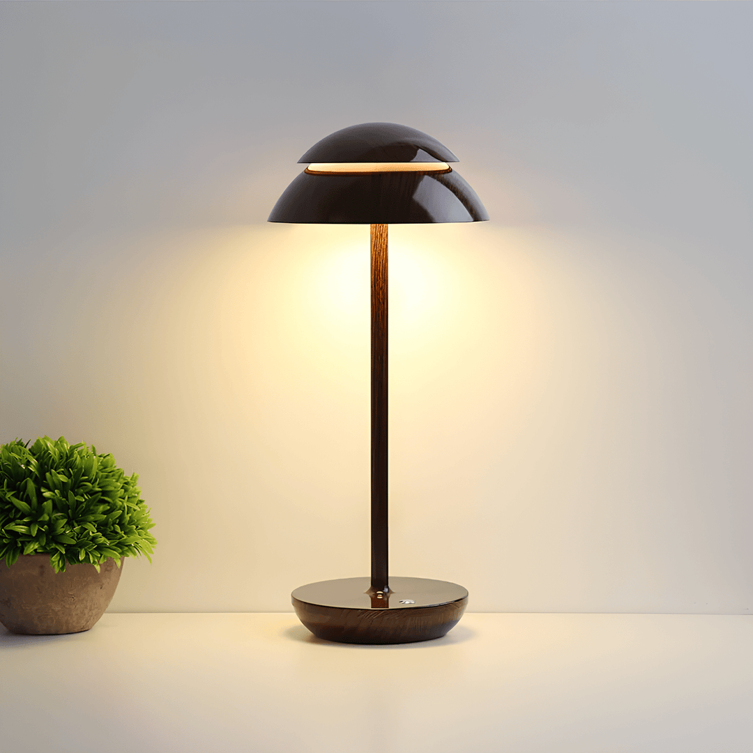 "Cordless rechargeable modern table lamp with touch dimming, minimalist design in chic finishes like Black, Gold, and Walnut.