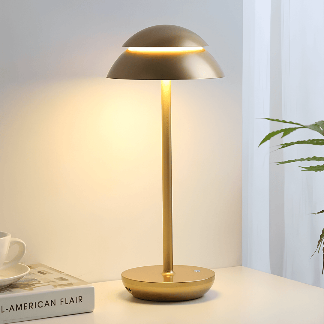 "Cordless rechargeable modern table lamp with touch dimming, minimalist design in chic finishes like Black, Gold, and Walnut.
