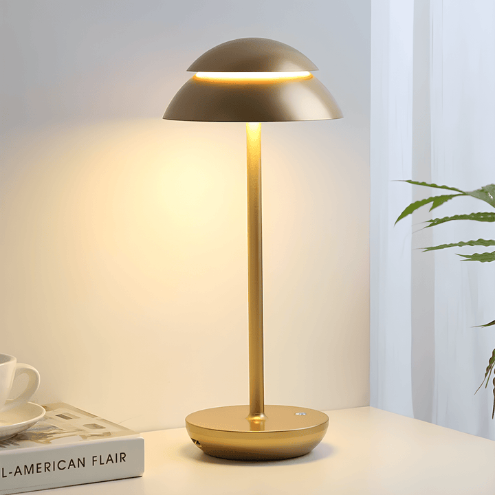 "Cordless rechargeable modern table lamp with touch dimming, minimalist design in chic finishes like Black, Gold, and Walnut.