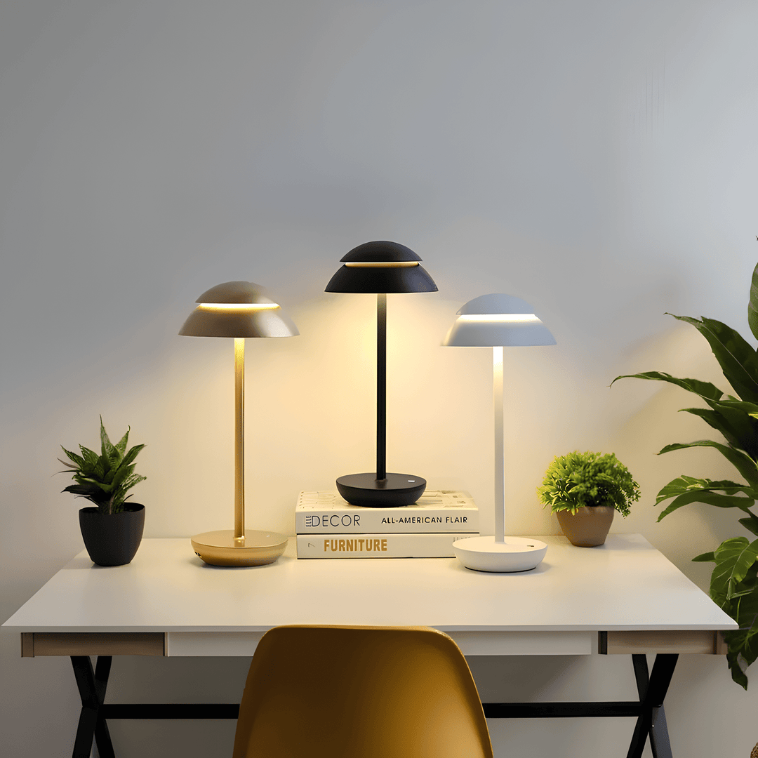 "Cordless rechargeable modern table lamp with touch dimming, minimalist design in chic finishes like Black, Gold, and Walnut.