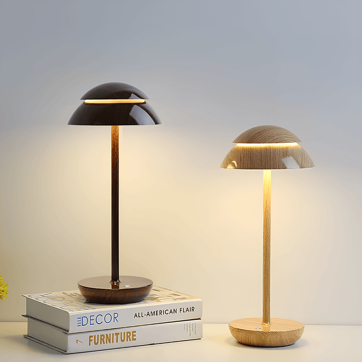 "Cordless rechargeable modern table lamp with touch dimming, minimalist design in chic finishes like Black, Gold, and Walnut.