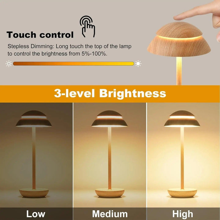 "Cordless rechargeable modern table lamp with touch dimming, minimalist design in chic finishes like Black, Gold, and Walnut.