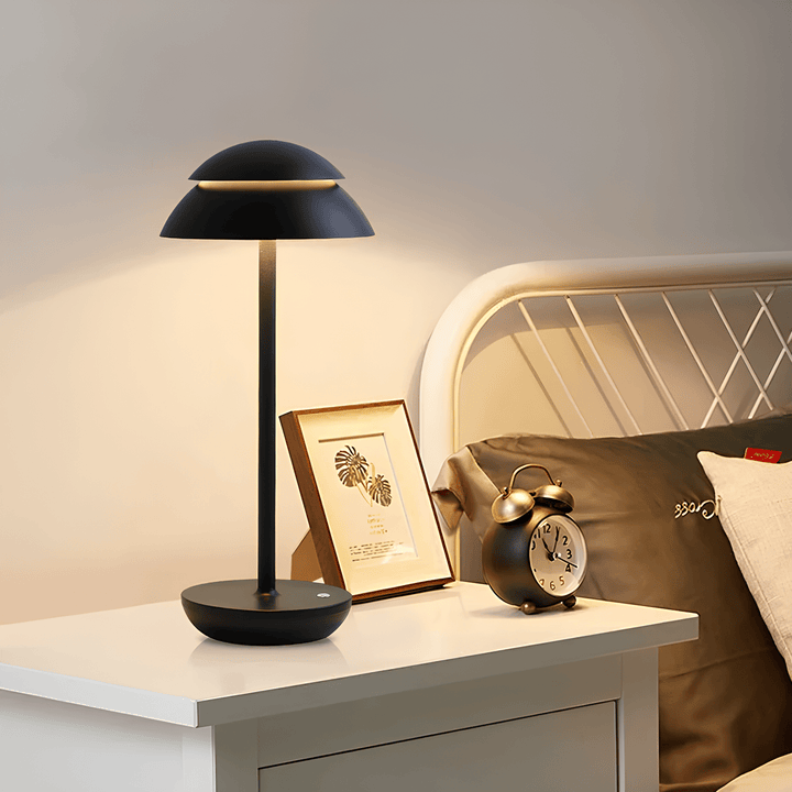 "Cordless rechargeable modern table lamp with touch dimming, minimalist design in chic finishes like Black, Gold, and Walnut.