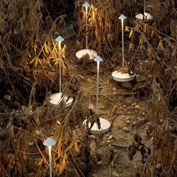 "Cordless rechargeable table lamp, sleek pine-like design, touch control, USB-powered, waterproof, dimmable LED lighting."