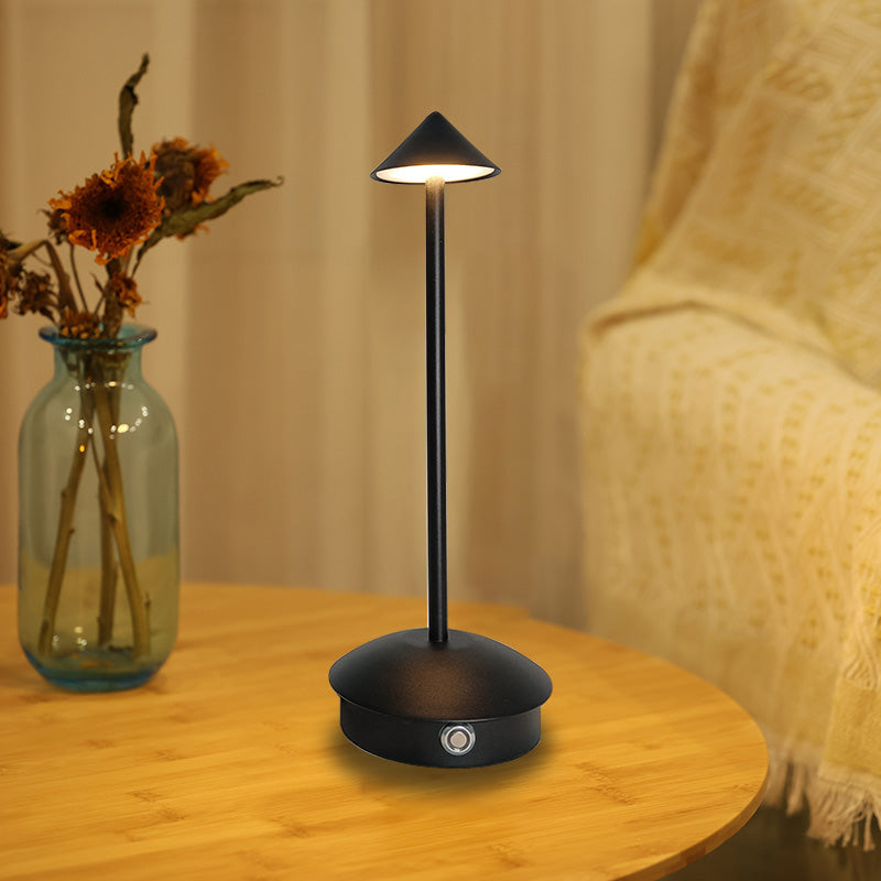 "Cordless rechargeable table lamp, sleek pine-like design, touch control, USB-powered, waterproof, dimmable LED lighting."