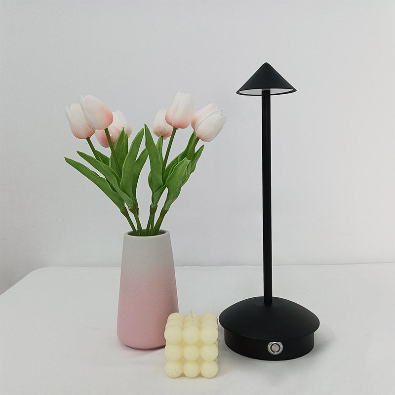 "Cordless rechargeable table lamp, sleek pine-like design, touch control, USB-powered, waterproof, dimmable LED lighting."