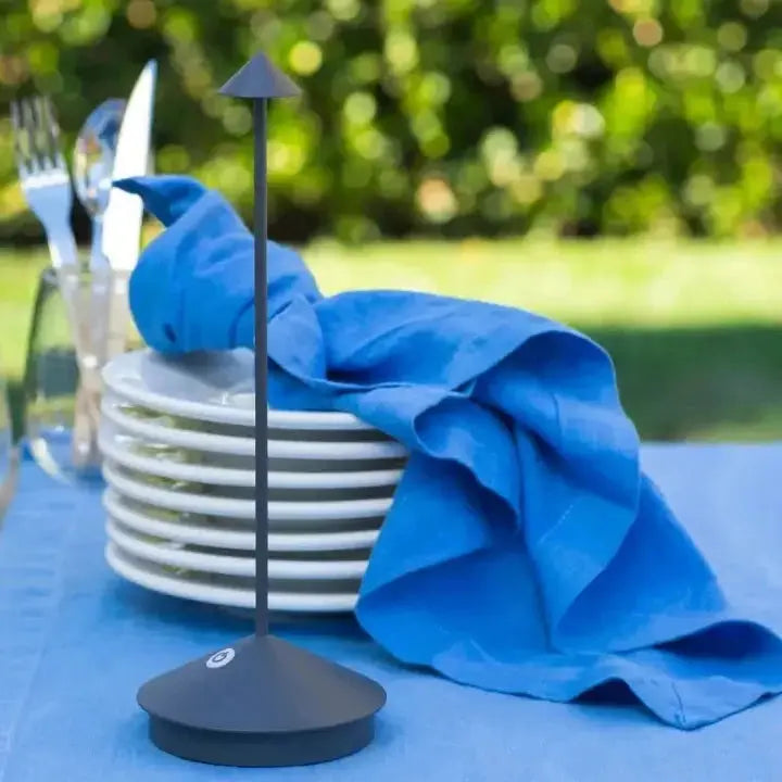 "Cordless rechargeable table lamp, sleek pine-like design, touch control, USB-powered, waterproof, dimmable LED lighting."