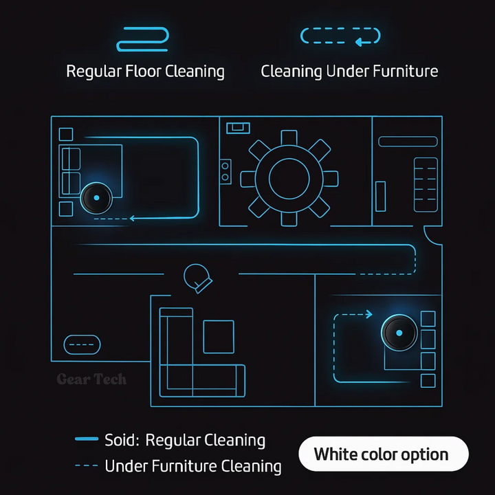 Cordless robotic vacuum cleaner with smart navigation on wooden floor, showcasing three-in-one sweeping, vacuuming, mopping.